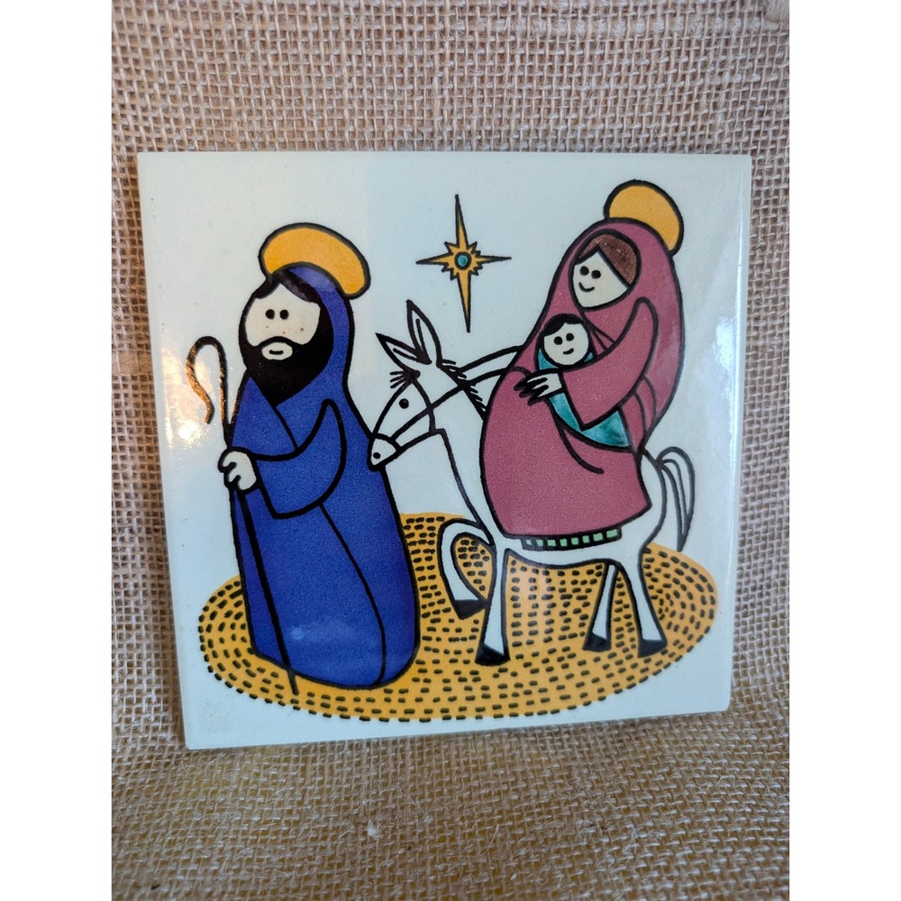 Vintage Jerusalem Pottery Nativity Scene Hand Painted 6in Tile Karakashian Bros